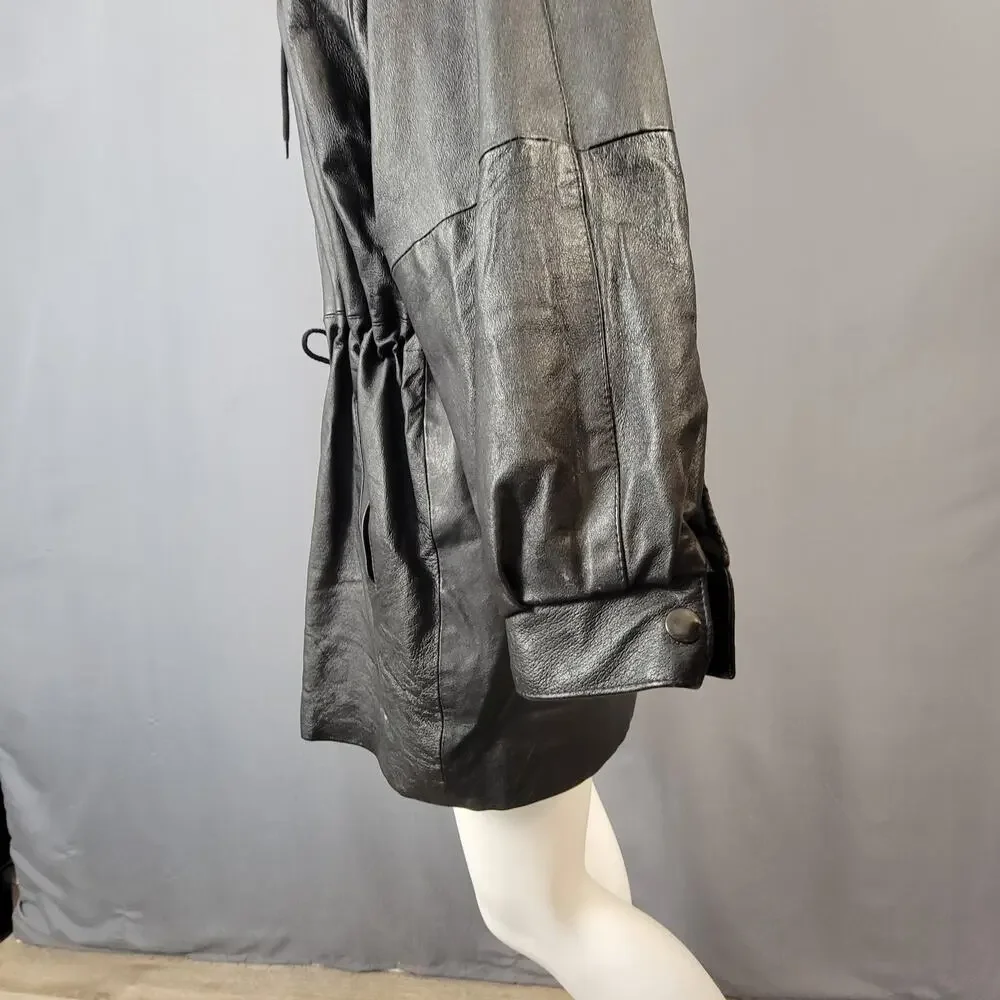 ADA Classics Vintage Brown Leather Hooded Coat with Drawstring Waist